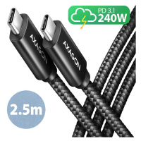 AXAGON kabel USB-C - USB-C, 240W 5A, ALU, opletený, 2,5m, černá - BUCM2-CM25AB