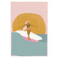 Ilustrace Surfer girl on a longboard surfboard,, LucidSurf, 26.7 × 40 cm