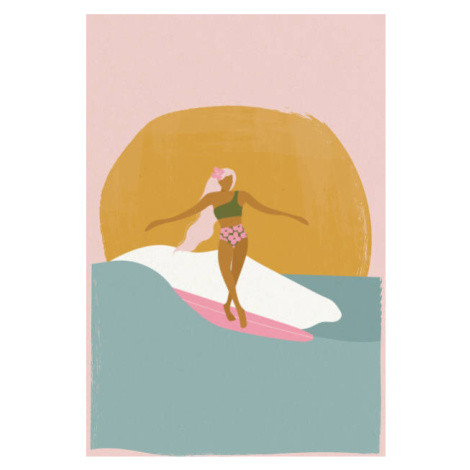 Ilustrace Surfer girl on a longboard surfboard,, LucidSurf, 26.7x40 cm