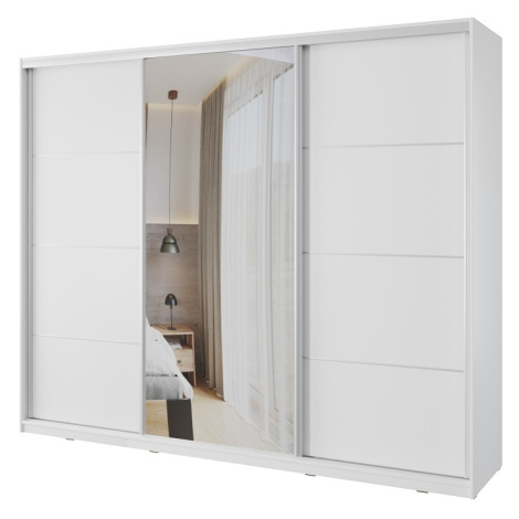 Šatní skříň NEJBY BARNABA 250 cm s posuvnými dveřmi, zrcadlem,4 šuplíky a 2 šatními tyčemi,bílý  Lamivex