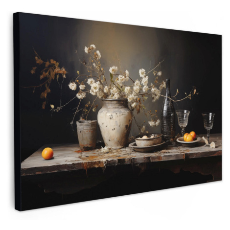 MuchoWow OBRAZ NA PLÁTNĚ Zátiší - Květiny - Kytice - Váza - Víno 60x40 cm