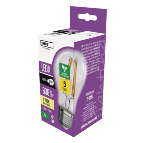LED žárovka Filament A60 / E27 / 3,8 W (60 W) / 806 lm / teplá bílá EMOS