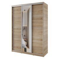 Šatní skříň NEJBY BARNABA 150 cm s posuvnými dveřmi, zrcadlem,4 šuplíky, 2 šatními tyčemi,dub so