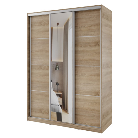 Šatní skříň NEJBY BARNABA 150 cm s posuvnými dveřmi, zrcadlem,4 šuplíky, 2 šatními tyčemi,dub so Lamivex
