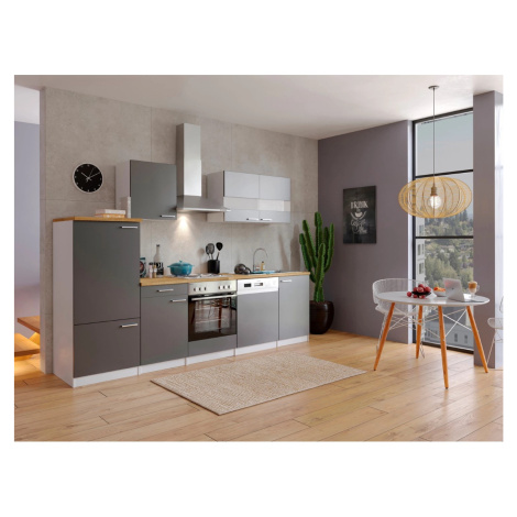 Respekta Kuchyně Malia šedá/ořech 280 cm - nerez.deska/komín.dig./lednice/myčka