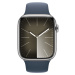 Apple Watch Series 9 Cellular 45mm Stříbrná ocel s bouřkově modrým sportovním řemínkem S/M Stříb
