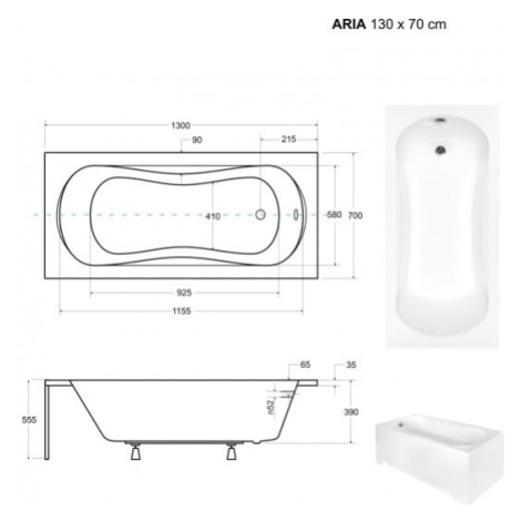 HOPA Obdélníková vana ARIA Nožičky k vaně Bez nožiček, Rozměr vany 130 × 70 cm VANARIA130