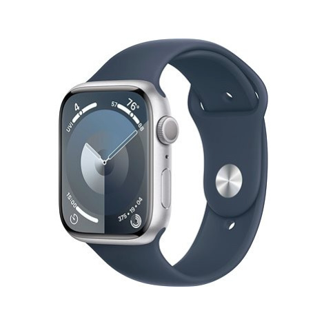 Apple Watch Series 9 45mm Stříbrný hliník s bouřkově modrým sportovním řemínkem - S/M