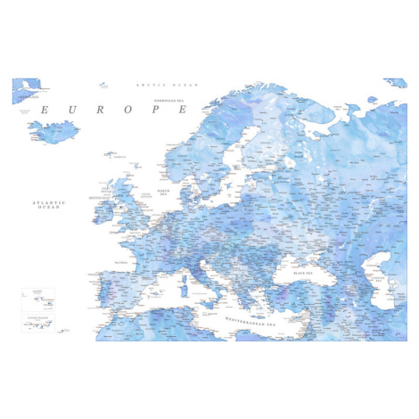 Mapa Detailed map of Europe in shades of blue watercolor, Blursbyai, 40 × 26.7 cm