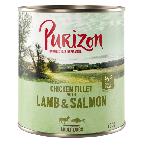 Výhodné balení Purizon Adult - bez obilovin 12 x 800 g - Jehněčí a losos s bramborami a hruškou
