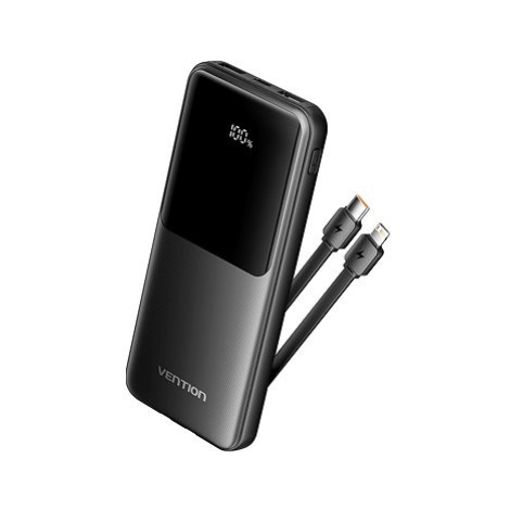 Vention 10000mAh Power Bank with Integrated USB-C and Lightning Cables 22.5W Black LED Display T