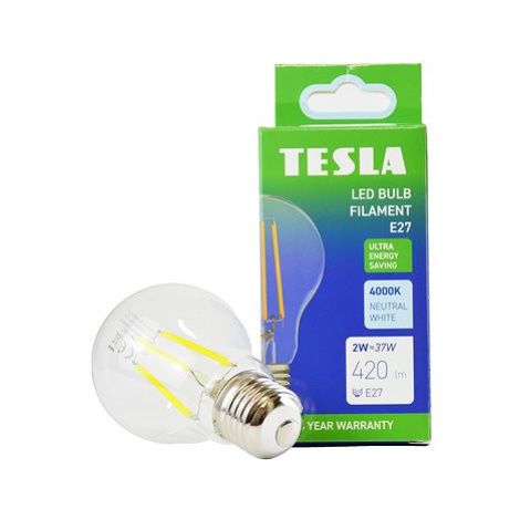 Tesla Filament A class, E27, 2W, 420lm, 4000K denní bílá, 360st, čirá, 230V, 25 000h