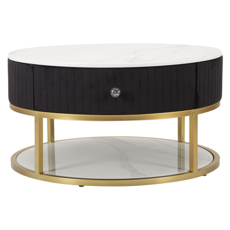 Estila Art deco černý kulatý konferenční stolek Glamia Tapisé se dvěma šuplíky a zlatou konstruk