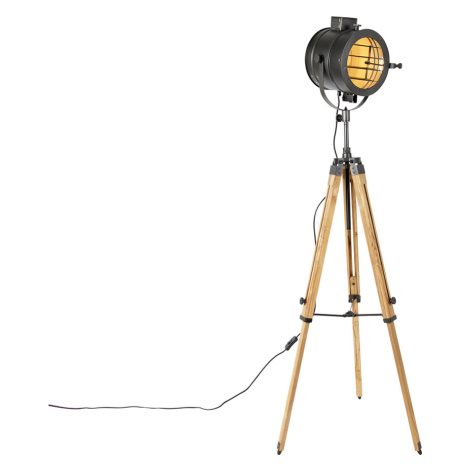 Stativová stojací lampa černá s dřevěným studiovým bodem - Radient QAZQA