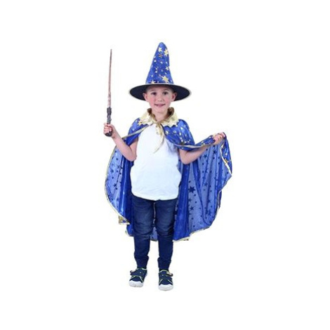 Dětský kouzelnický modrý plášť s hvězdami a klobouk - čarodějnice