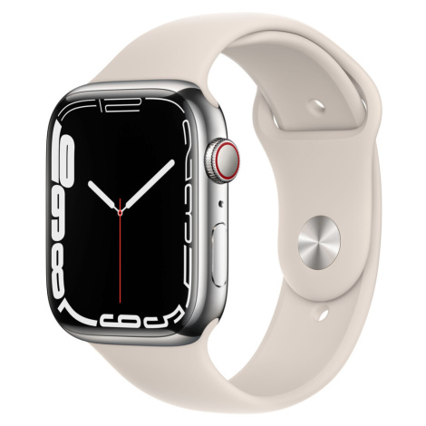 Apple Watch Series 7 Cellular 45mm stříbrná ocel s bílým sportovním řemínkem