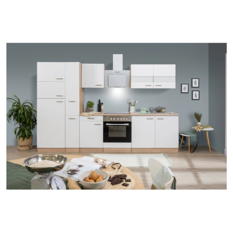 Respekta Kuchyně Merle bílá/dub 300 cm-skl.deska/šikmá digestoř/lednice(2)