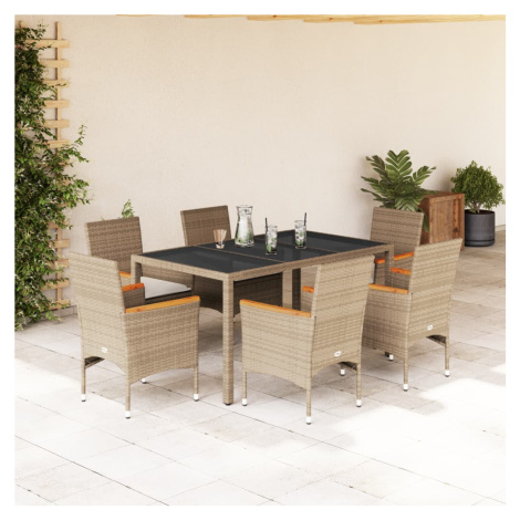 vidaXL 7dílný zahradní jídelní set s poduškami béžový polyratan a sklo