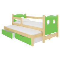 Dětská postel Campos s přistýlkou Rám: Borovice bílá, Čela a šuplíky: Zelená