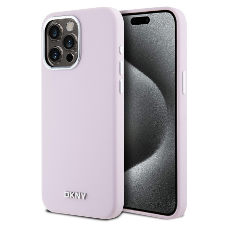DKNY Liquid Silicone Silver Metal Logo Magsafe kryt iPhone 15 Pro Max růžový