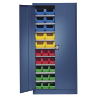 mauser Skladová skříň, jednobarevná, s 50 přepravkami s viditelným obsahem, 9 polic, modrá