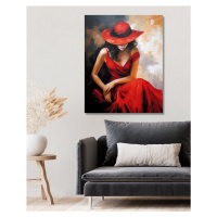 Obrazy na stěnu - Žena v červeném klobouku a šatech Rozměr: 40x50 cm, Rámování: vypnuté plátno n