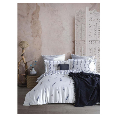 Bílé/modré povlečení na dvoulůžko/prodloužené z bavlněného saténu 240x220 cm Marseille Floral – 