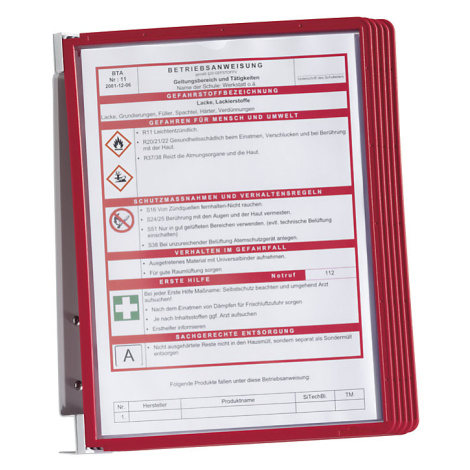 DURABLE Nástěnný držák - kompletní souprava, 5 průhledných tabulek DIN A4, bal.j. 2 ks, červený 