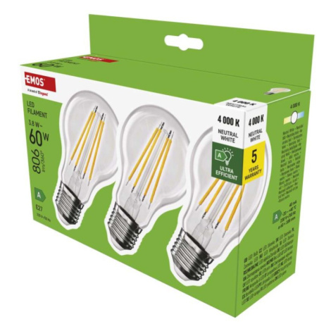 LED žárovka Filament A60 A CLASS/ E27 / 3,8 W (60 W) / 806 lm / neutrální bílá EMOS