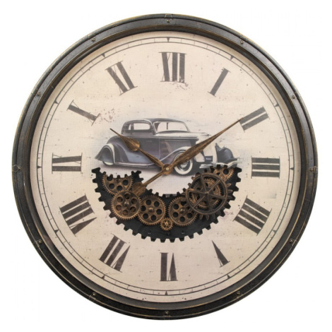 Černo-béžové nástěnné hodiny s vintage autem a ozubenými kolečky – 76x8 cm Clayre & Eef