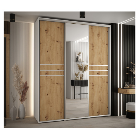 Šatní skříň YVONA 11 - 200/45 cm, bílá / dub artisan / stříbrná