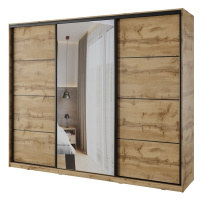 Šatní skříň NEJBY BARNABA 250 cm s posuvnými dveřmi, zrcadlem,4 šuplíky a 2 šatními tyčemi,dub w