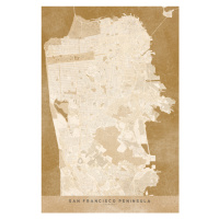 Mapa Map of San Francisco Peninsula in sepia vintage style, Blursbyai, 26.7x40 cm