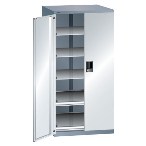 LISTA Zásuvková skříň s otočnými dveřmi, výška 1450 mm, 5 polic, nosnost 75 kg, šedá metalíza / 