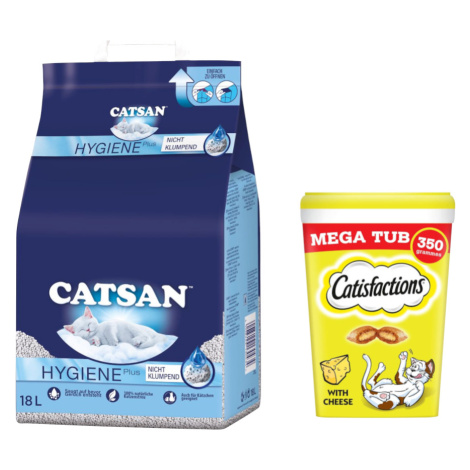 Catsan Hygiene Plus stelivo, 18 l + Dreamies 2 x 350 g - 15 % sleva - stelivo pro kočky 18 L + v