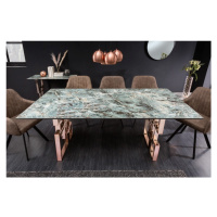 Estila Art-deco obdélníkový jídelný stůl Ariana s tyrkysově modrou vrchní deskou s mramorovým vz