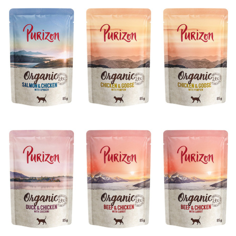 Purizon Organic 24 x 85 g výhodné balení - míchané balení (8 x kuřecí, 8 x hovězí, 4 x losos, 4 