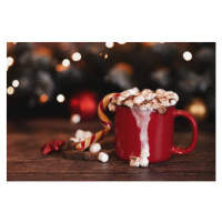 Fotografie wooden desk space red mug and xmas tree, Kseniya Ovchinnikova, 40 × 26.7 cm