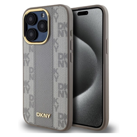 DKNY PU Leather Checkered Pattern Magsafe kryt iPhone 15 Pro béžový