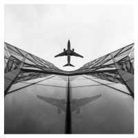 Fotografie Jet airplane passes overhead skyscrapers, Ascent Xmedia, 40 × 40 cm