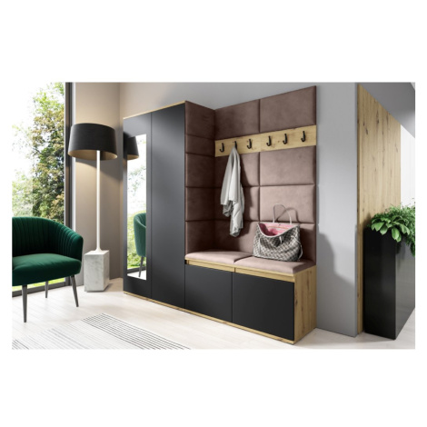 Eka Předsíňová stěna s čalouněnými panely Trinity 8 - Dub Artisan s černou / Světlá hnědá 2306