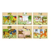 WOODY - Puzzle na desce Mašinka - zvířata s mláďaty varianta pes se štěňátkem