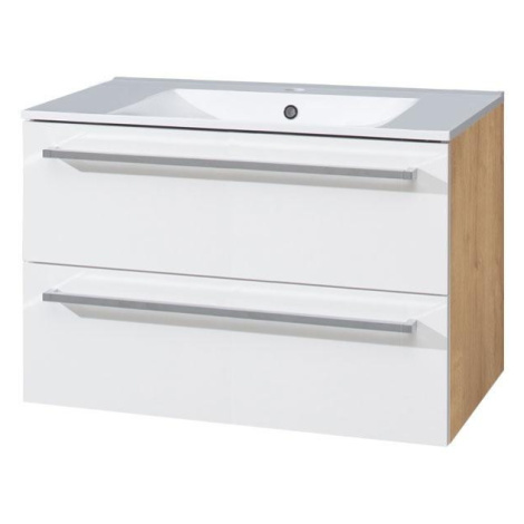 MEREO Bino, koupelnová skříňka s keramickým umyvadlem 81 cm, bílá/dub CN671