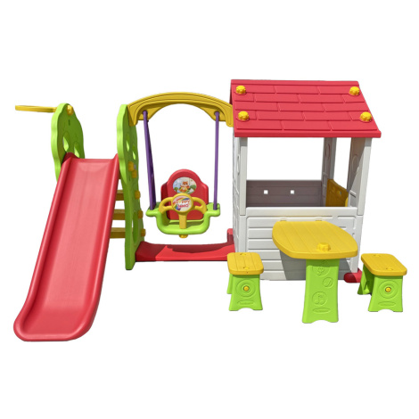 Dětský zahradní domeček se skluzavkou, košíkovou a houpačkou