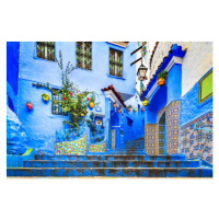 Fotografie Chefchaouen, Morocco. Blue staircase and wall, emicristea, 40 × 26.7 cm