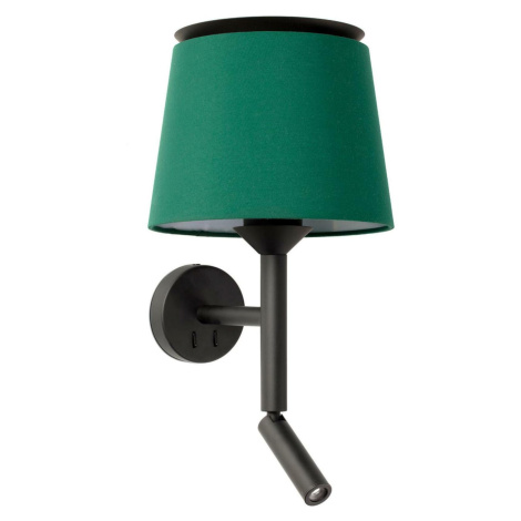 FARO SAVOY nástěnná lampa, černá/zelená, se čtecí lampičkou