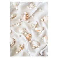 Fotografie Seashells and pearls on white silk, Natalia Ganelin, 26.7 × 40 cm