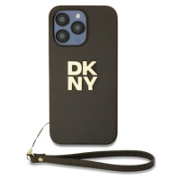 DKNY PU Leather Stack Logo Wrist Strap kryt iPhone 14 Pro hnědý