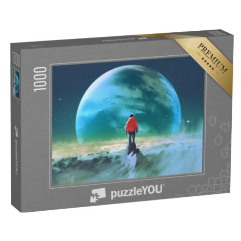 puzzle 1000 dílků „Muž na vrcholu hory s výhledem na jinou planetu“