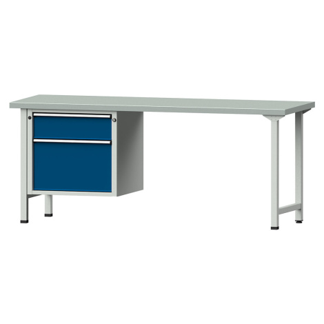 ANKE Dílenský stůl s rámovou konstrukcí, 2 zásuvky, deska s potahem z ocelového plechu, šířka 20